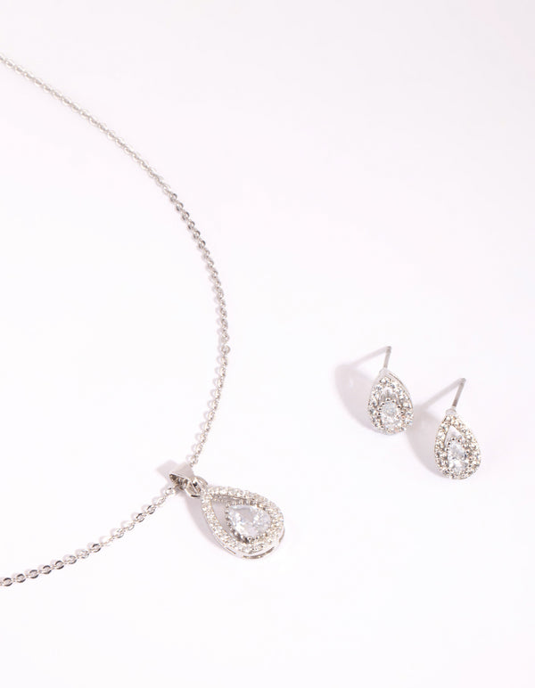 Silver Cubic Zirconia Teardrop Necklace & Earrings Set