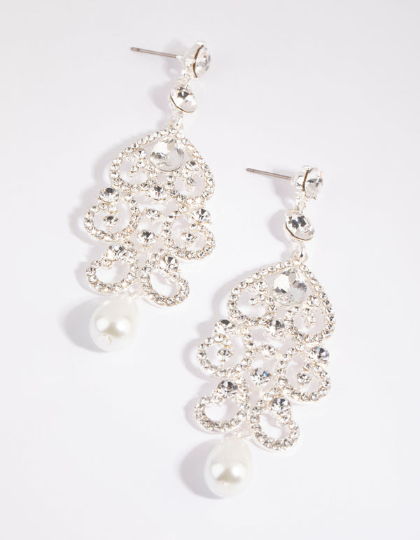 Silver Statement Diamante & Pearl Drop Earrings