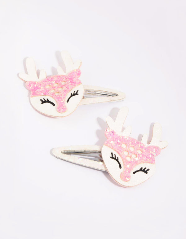 Kids Festive Pink Reindeer Snap Clips