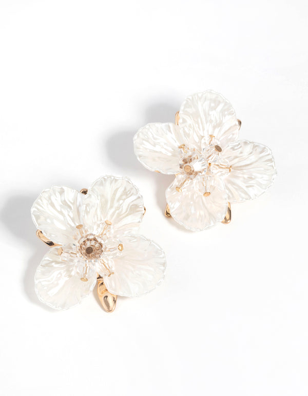 Gold Large Pearlised Flower Earrings