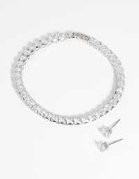 Rhodium Square Diamond Simulant Bracelet & Earrings Set - link has visual effect only