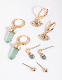 Gold Evil Eye Stack Pack Earrings with Green Fluorite - link has visual effect only