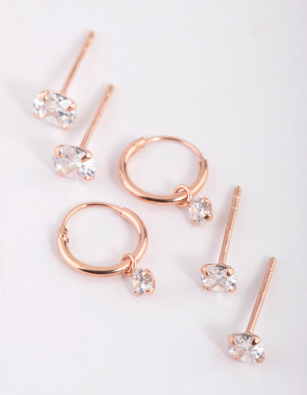 Rose Gold Plated Sterling Silver Cubic Zirconia Stud & Hoop Earring Pack