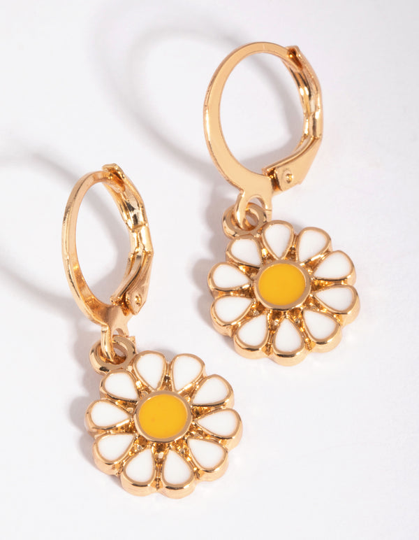 Gold Daisy Charm Huggie Hoop Earrings