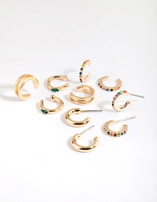 Gold & Colourful Cuff & Huggie Hoop Earring Stack 5-Pack