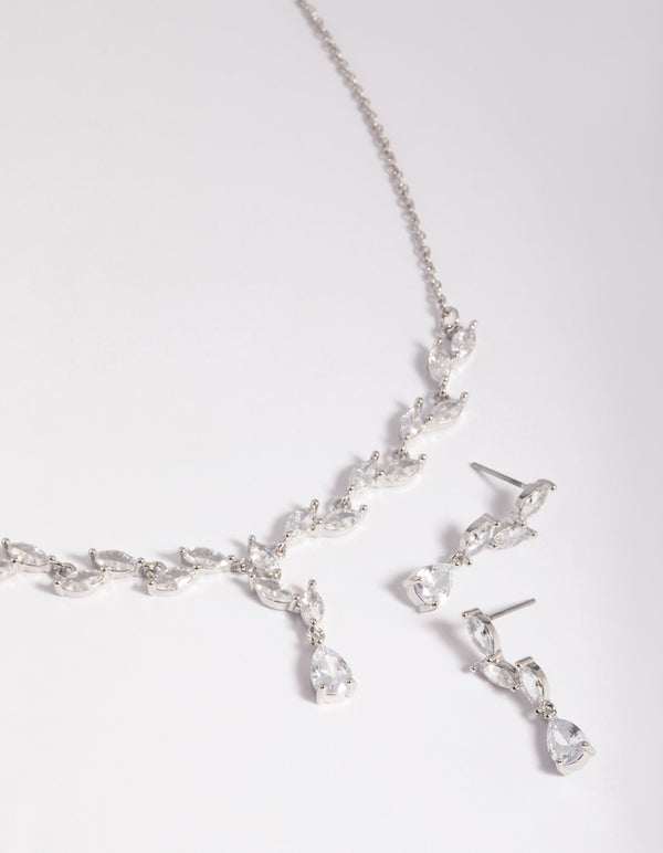 Silver Diamond Simulant Vine Necklace & Earrings Set