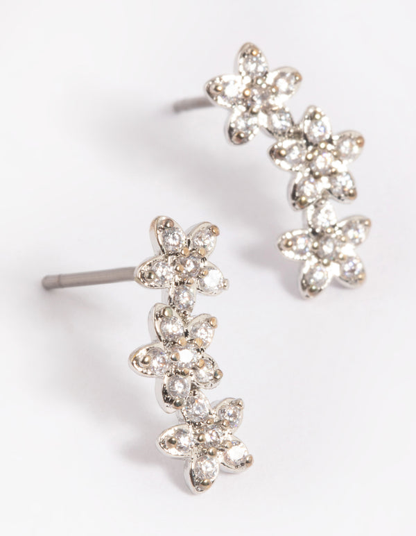 Rhodium Flower Cluster Crawler Stud Earrings