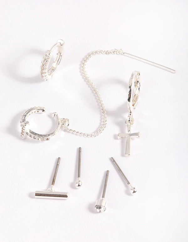 Silver Plated Brass  Chain Cross Earring Stack 8-Pack