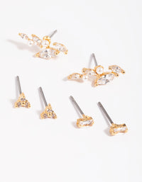 Gold Plated Brass Cubic Zirconia & Pearl Leaf Earring Stack 6-Pack - link has visual effect only