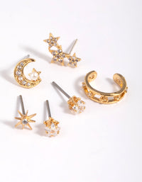 Gold Plated Brass Cubic Zirconia Celestial Stud Earring 6-Pack - link has visual effect only