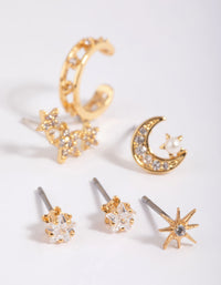 Gold Plated Brass Cubic Zirconia Celestial Stud Earring 6-Pack - link has visual effect only