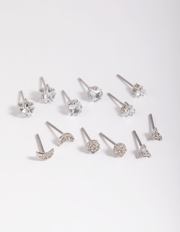 Silver Cubic Zirconia Pave Stud Earring 6-Pack