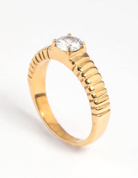 Gold Plated Stainless Steel Line Detail Cubic Zirconia Ring - link has visual effect only