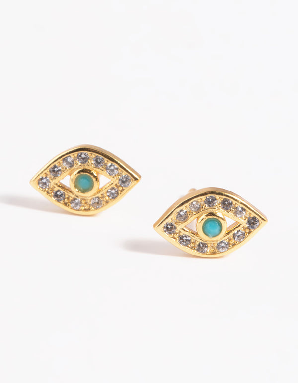 Gold Plated Sterling Silver Cubic Zirconia Evil Eye Stud Earrings