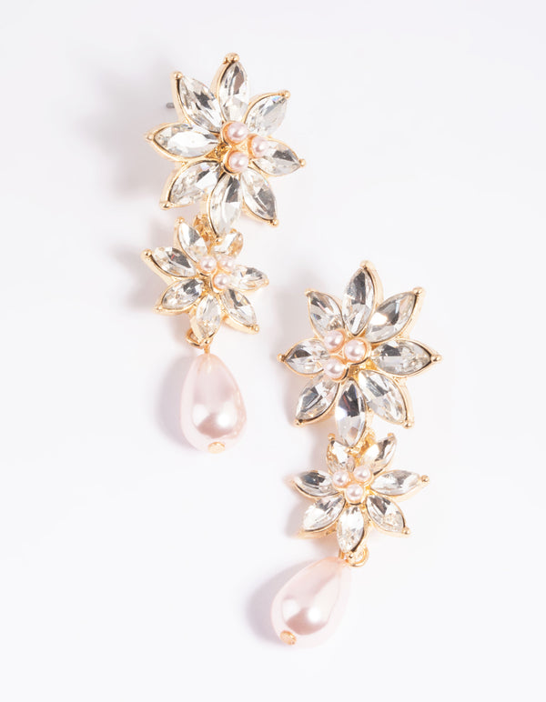 Pink Diamante Flower & Pearl Drop Earrings