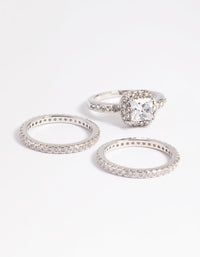 Rhodium Diamond Simulant Square Ring Pack - link has visual effect only