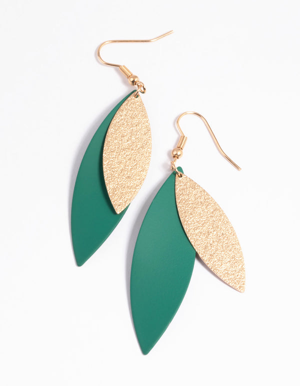 Green Textured Leaf Drop Earrings