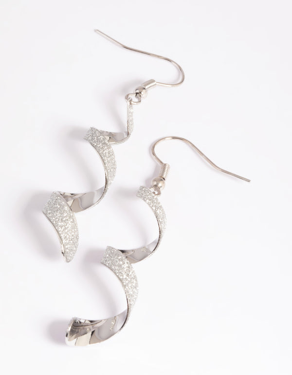 Silver Glitter Ribbon Drop Earrings