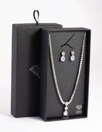 Rhodium Diamond Simulant Necklace & Earrings Set - link has visual effect only