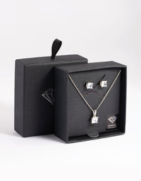 Silver Diamond Simulant Square Necklace & Earrings Set - link has visual effect only