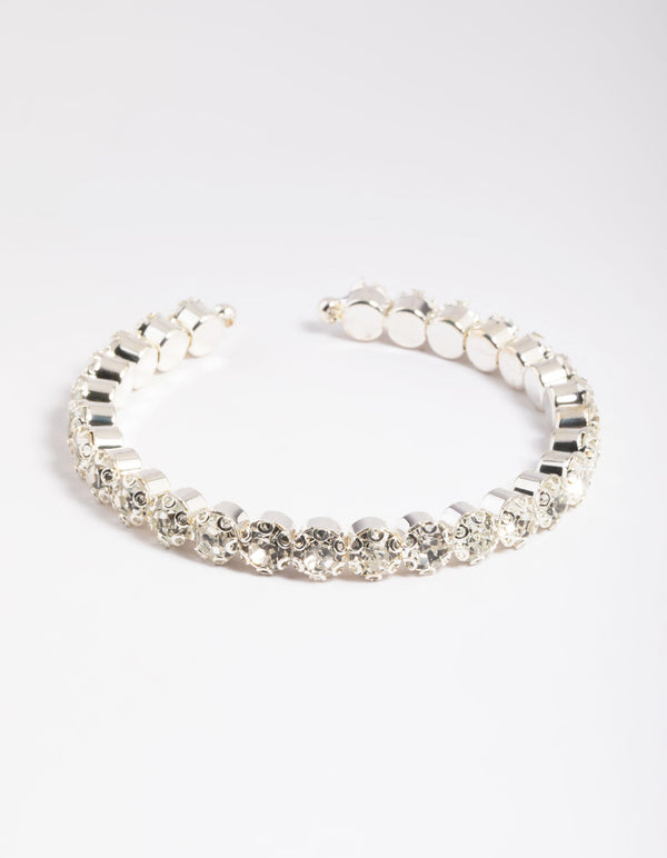 Silver Round Diamante Open Cuff Bangle