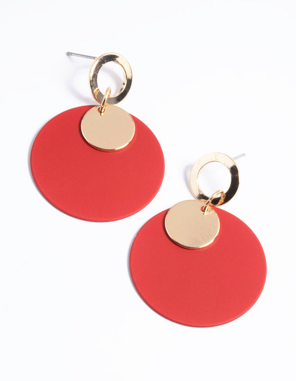 Red Open Circle Layered Drop Earrings