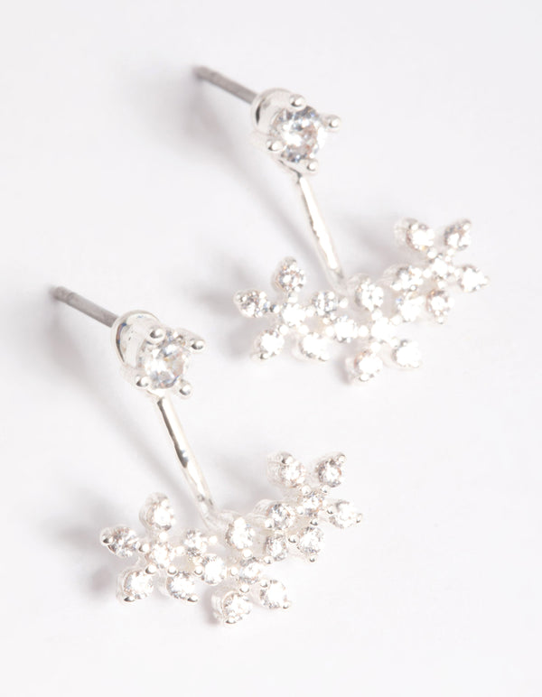 Silver Plated Cubic Zirconia Flower Sandwich Earrings