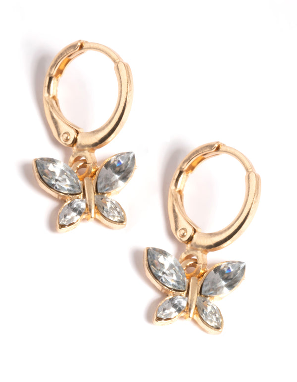 Gold Diamante Butterfly Charm Huggie Earrings