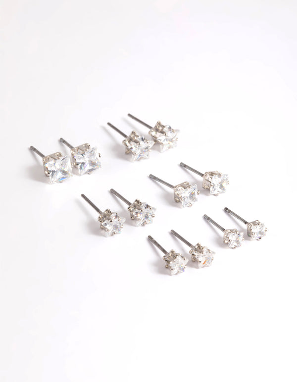 Cubic Zirconia Star & Square Earrings 6-Pack