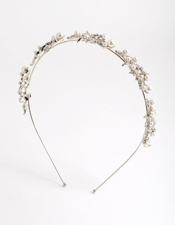 Silver Diamante Leaf & Pearl Headband