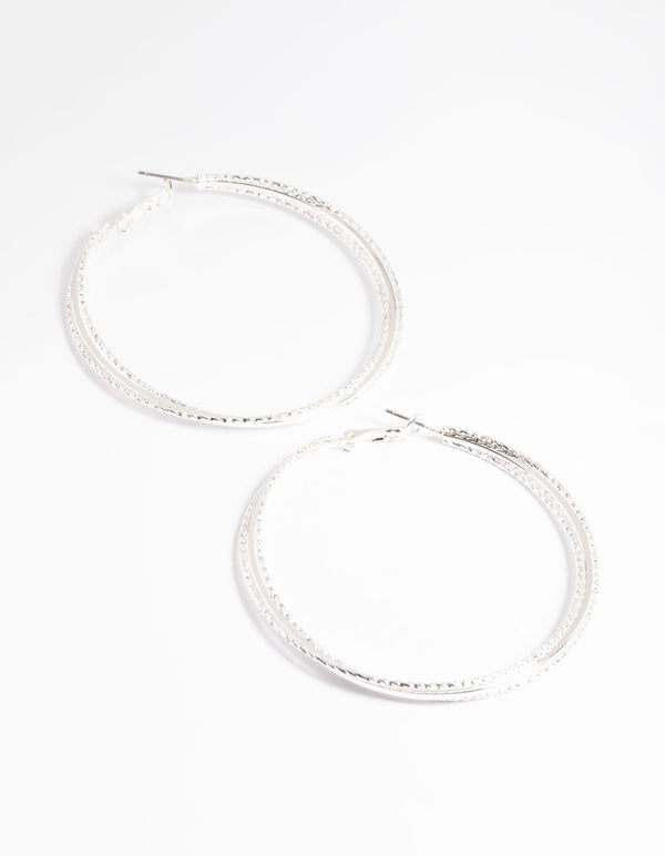 Silver 60mm Textured Twist Hoop Earrings