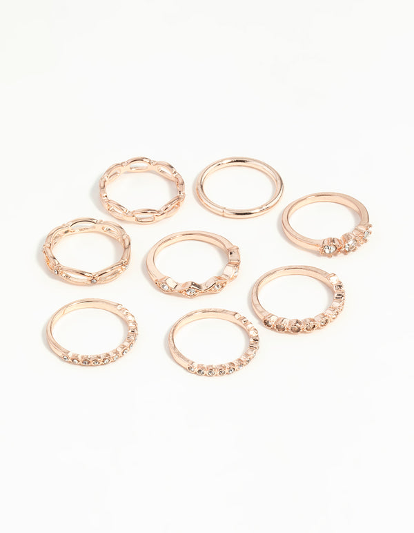 Rose Gold Diamante Row Mix Ring 8-Pack