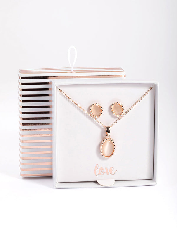 Rose Gold Oval Cateye Necklace & Stud Earrings