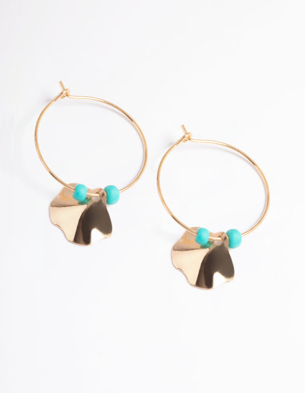 Gold Bead & Fan Wire Hoop Earrings