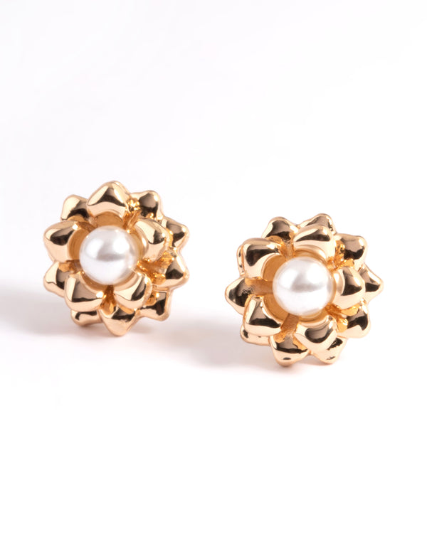 Gold Pearl Flower Stud Earrings