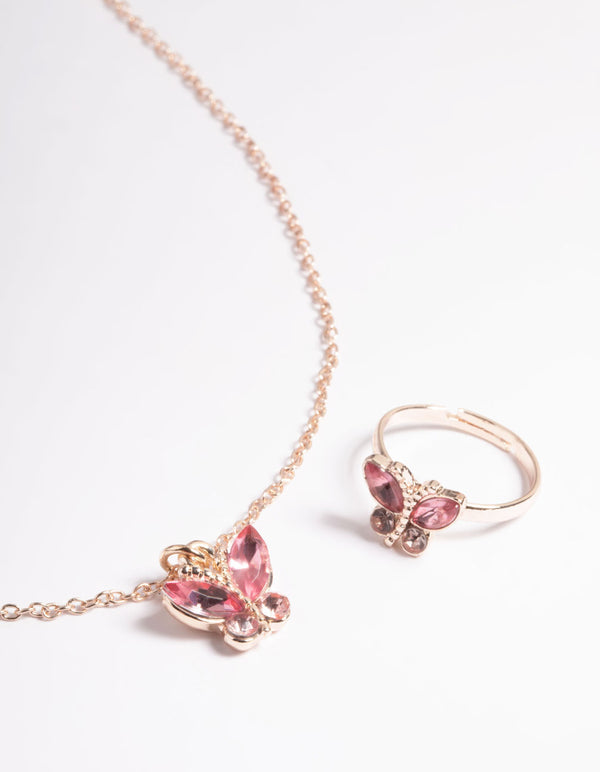 Kids Pink Diamante Butterfly Necklace & Ring Set