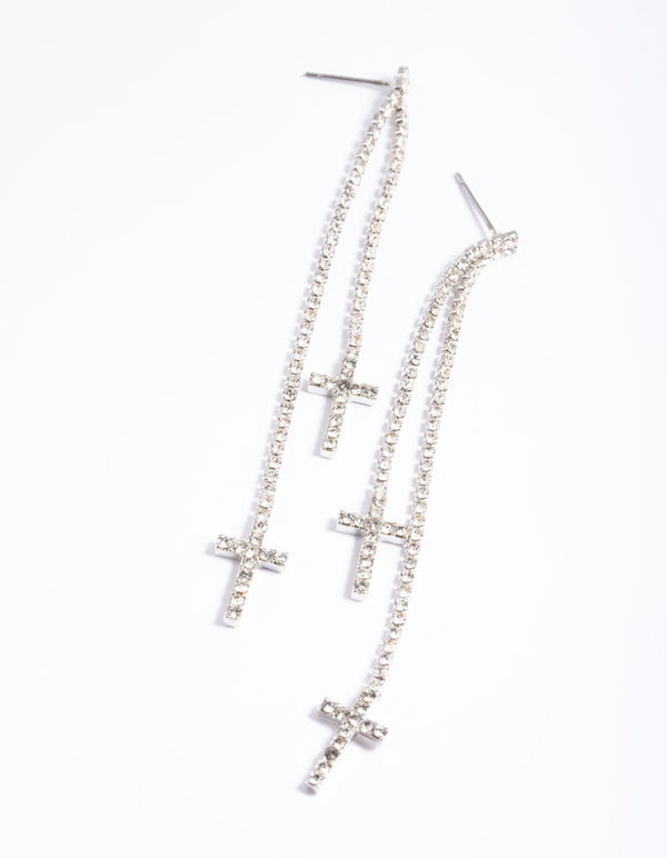 Silver Double Cross Stone Drop Earrings