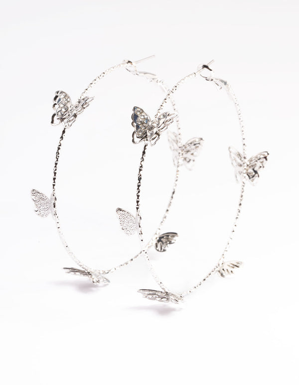 Rhodium 70cm Butterfly Hoop Earrings