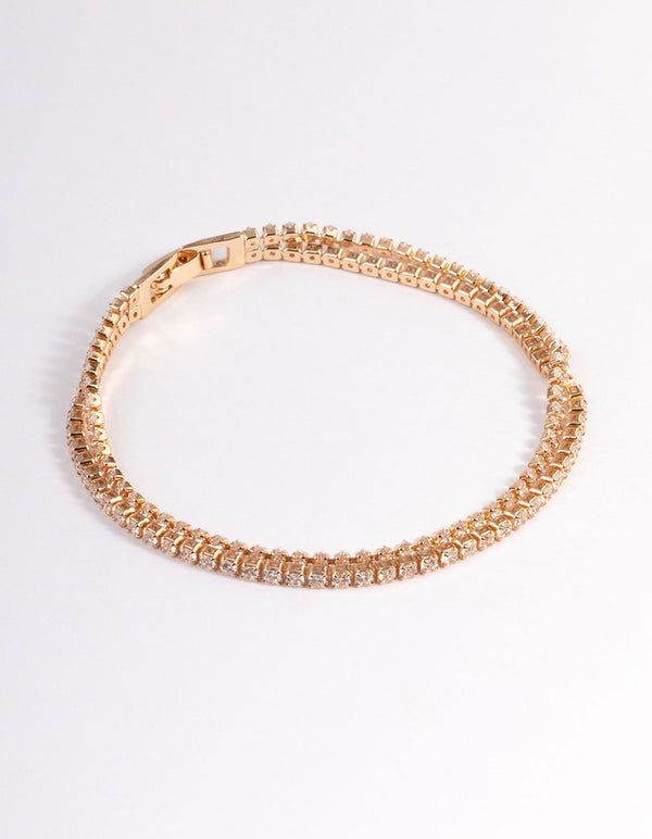 Gold Cubic Zirconia Mini Cupchain Double Row Tennis Bracelet