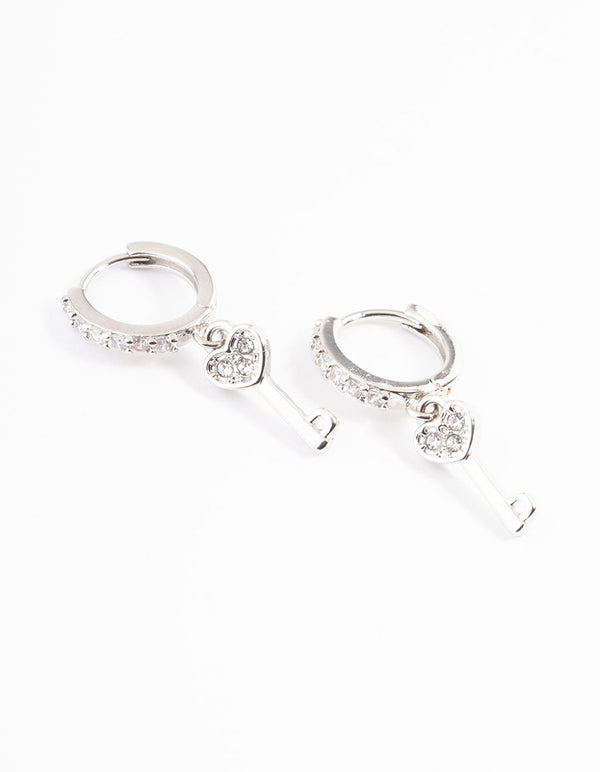 Silver Diamante Keys Huggie Earrings