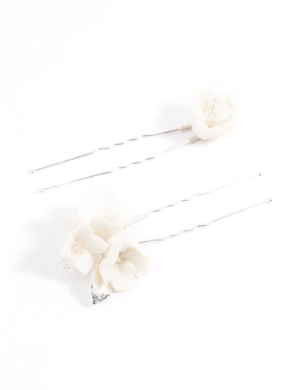 White Large Flower Hair Pin Pack