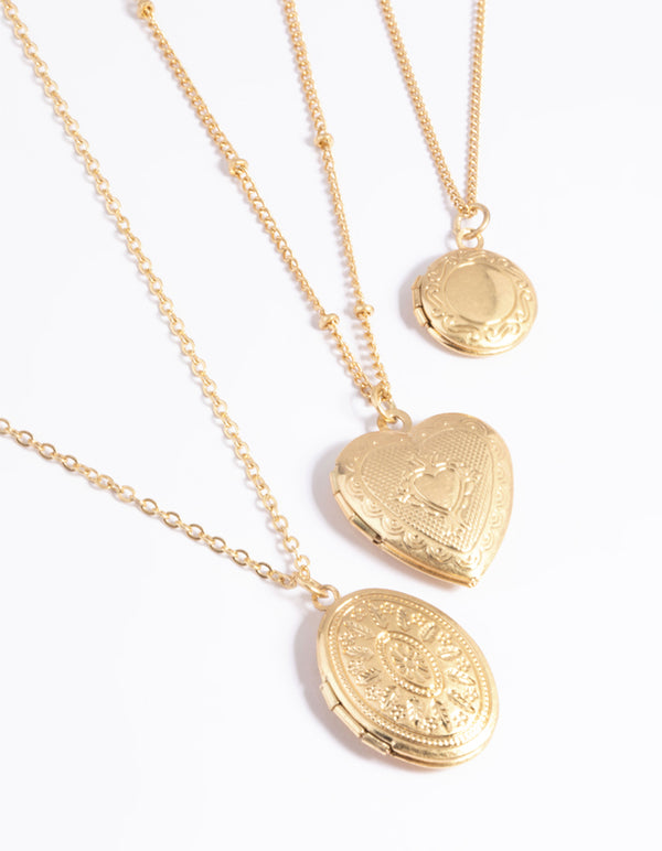 Worn Gold Mix Locket Triple Row Necklace