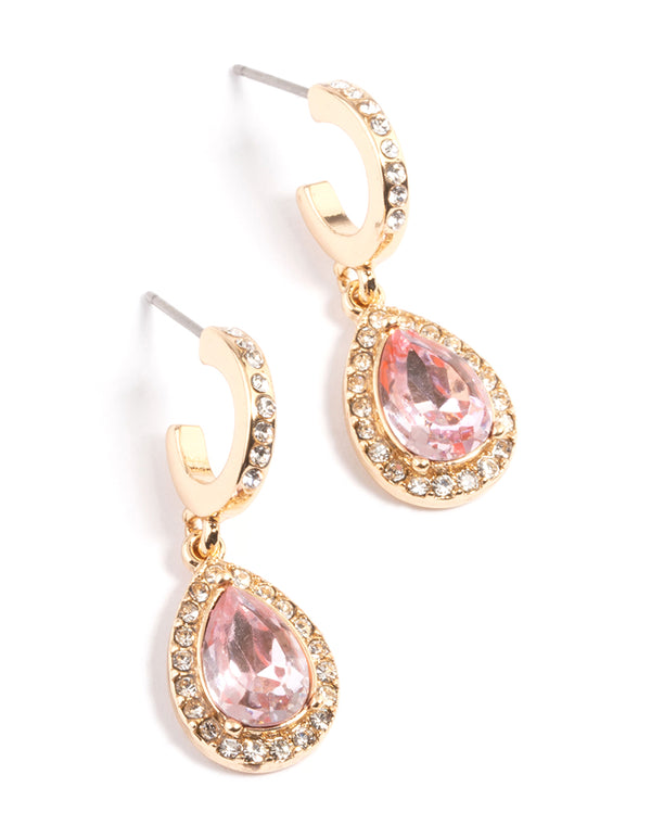 Gold Pink Oval Halo Earrings