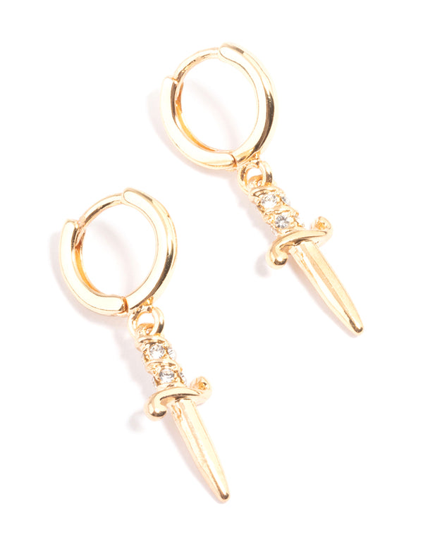 Gold Dagger Cross Huggie Earrings