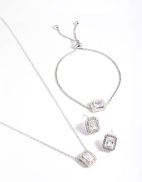 Diamond Simulant Rhodium Square Halo Jewellery Set - link has visual effect only