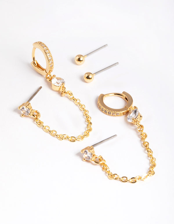 Gold Plated Brass Cubic Zirconia Pave Huggie Chain Earrings 6-Pack