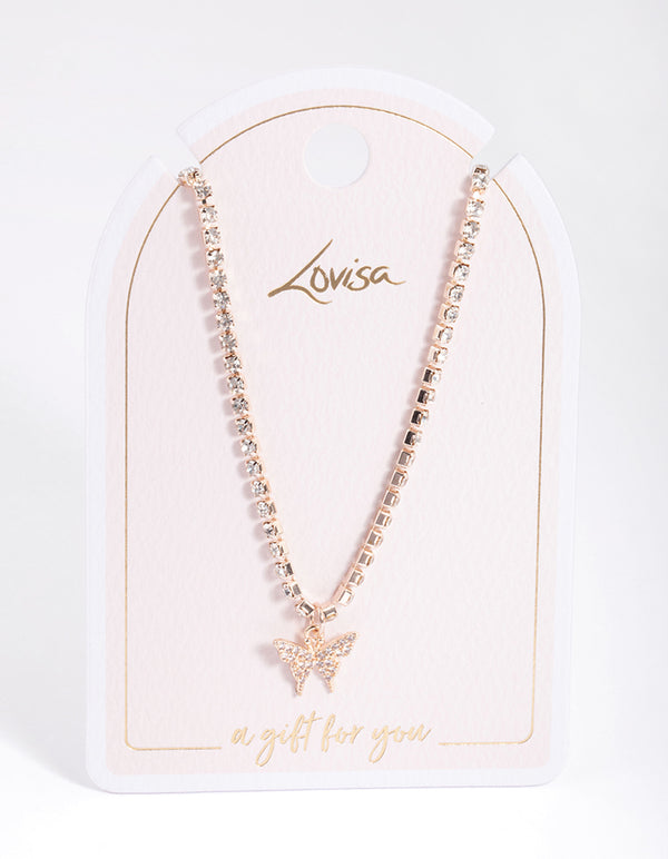 Rose Gold Cupchain Diamante Butterfly Necklace