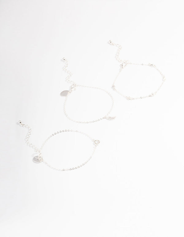 Silver Dainty Circle & Wing Bracelet Pack