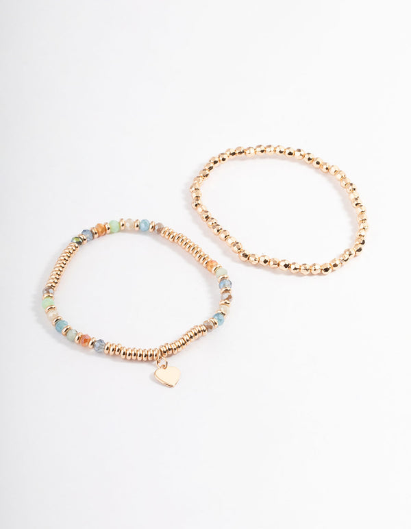 Gold Mixed Bead Heart Stretch Bracelet Pack