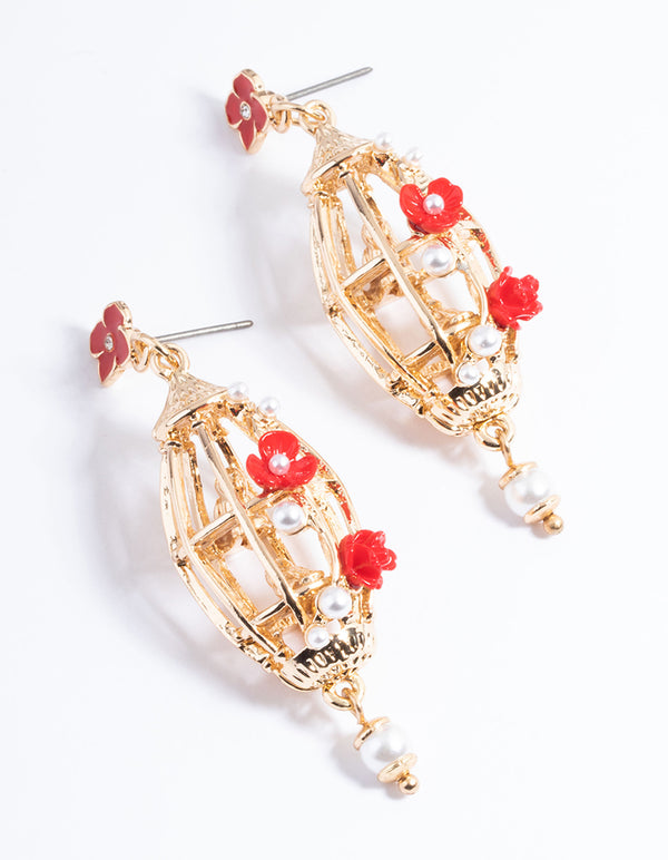 Red Bird Cage Ear Drop Earrings